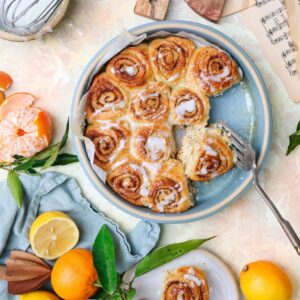 Cinnamon Rolls in Brookline Baker with Oranges