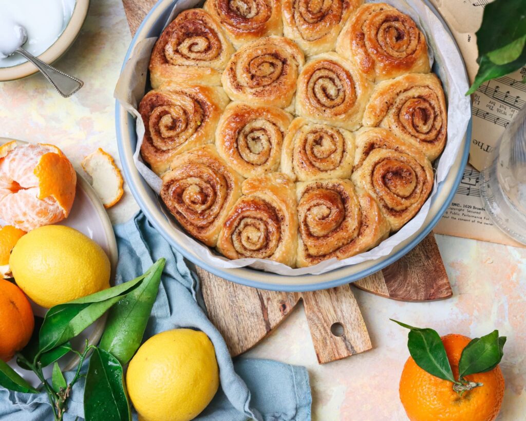 Cinnamon Rolls in Brookline Baker with Oranges