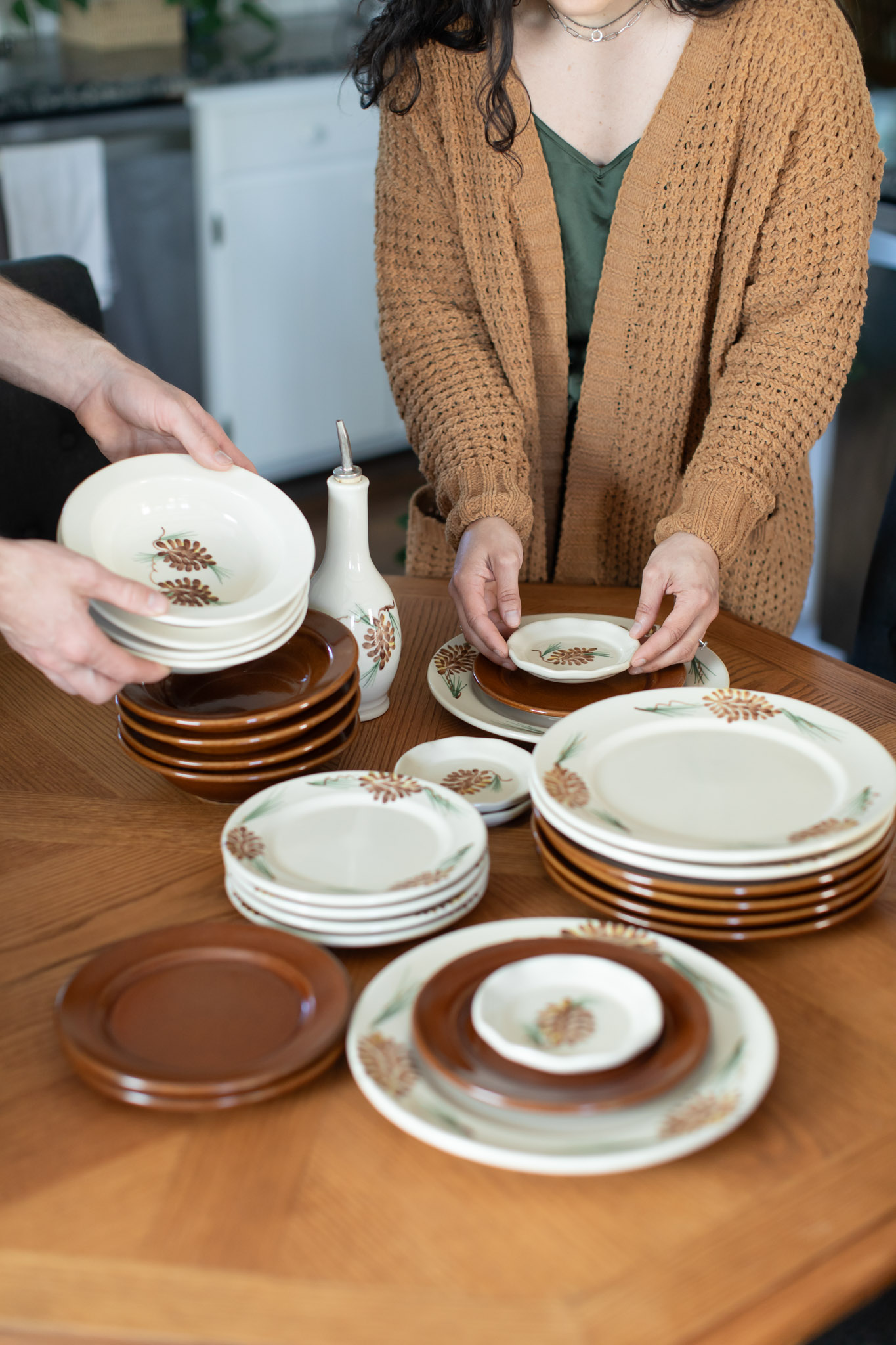 Table setting with Pinecone and Copper Clay Classic Dinnerware, Drizzle Bottle and Coasters. Photo by Lauren Paige Photography.